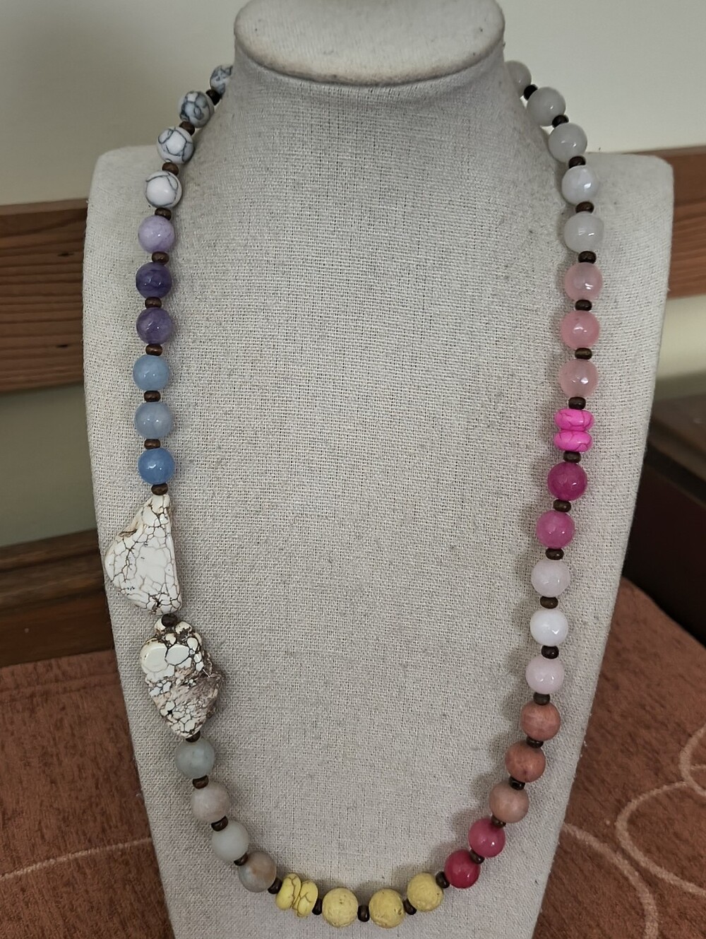 Vtg Semi-Precious Gemstones, Multi Color Rainbow Knotted Necklace